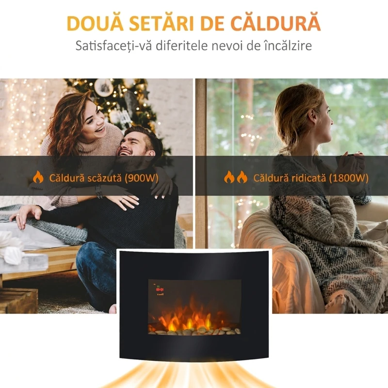 HOMCOM Șemineu Electric de Perete cu 2 Nivele de Încălzire 900-1800W, Flacără 7 Culori Reglabile și Telecomandă, Negru