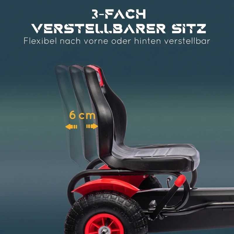 HOMCOM Gokart Tretauto mit Handbremse, verstellbarem Sitz, Vor- und Rückwärtsgang, bis 50kg für Kinder 5-12 Jahren Rot