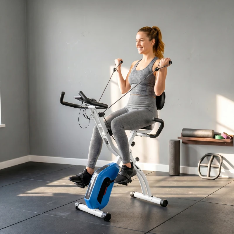 SPORTNOW 4-In-1 Folding Exercise Bike with Resistance Bands, Bluetooth App, 8-Level Magnetic Resistance, LCD Display, Blue