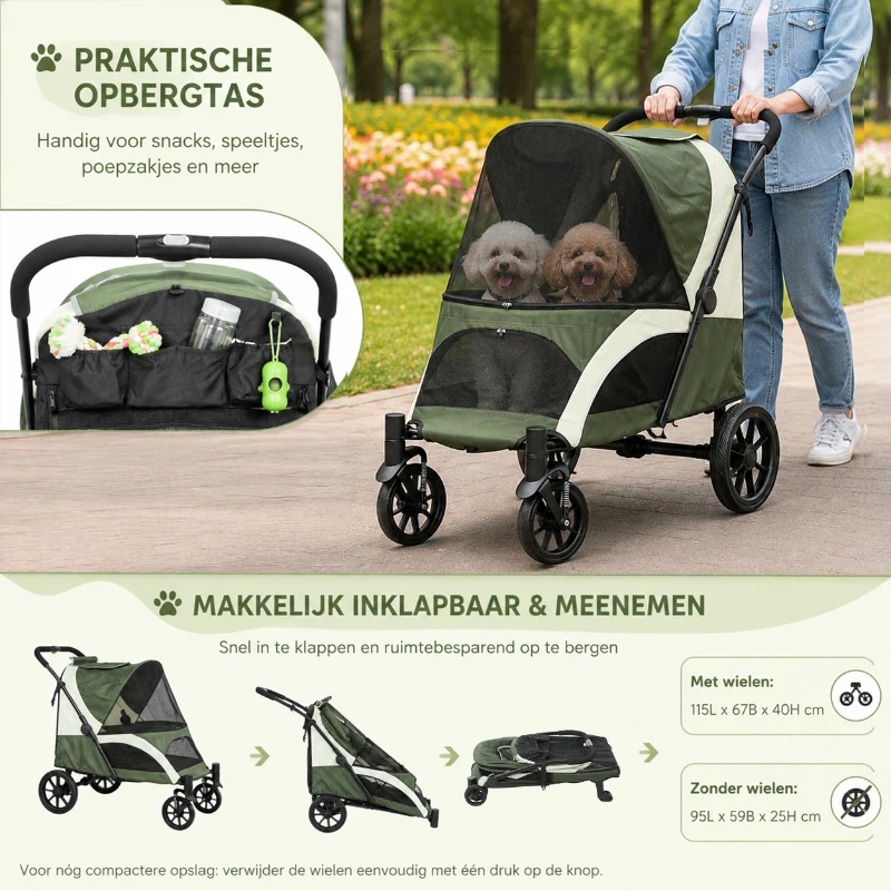 PawHut Opvouwbare Hondenbuggy voor 2 Kleine Honden tot 25 kg Donkergroen(m-6)