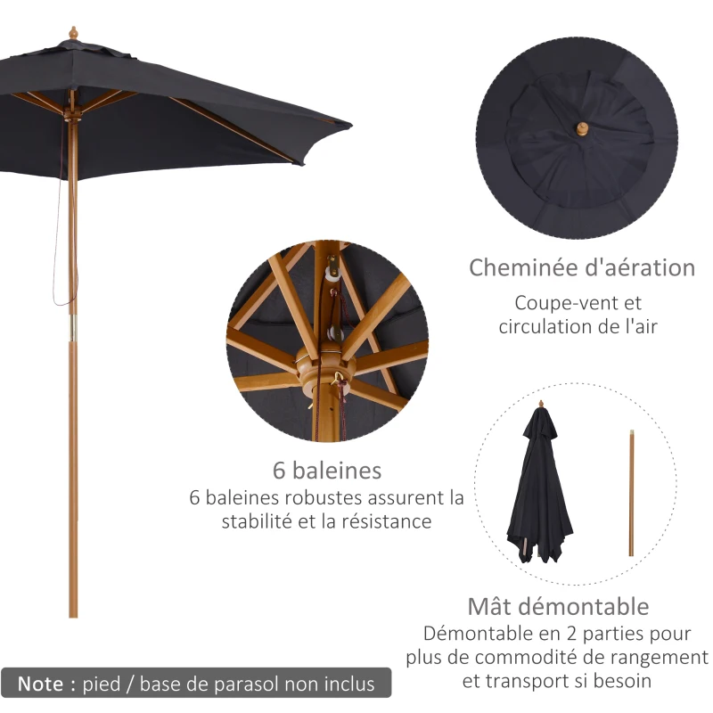 Outsunny Parasol de jardin extérieur parasol droit double toit Hexagonal Grande Taille de Jardin Ø 2,5 x 2,3H m Bois de Bambou Noir