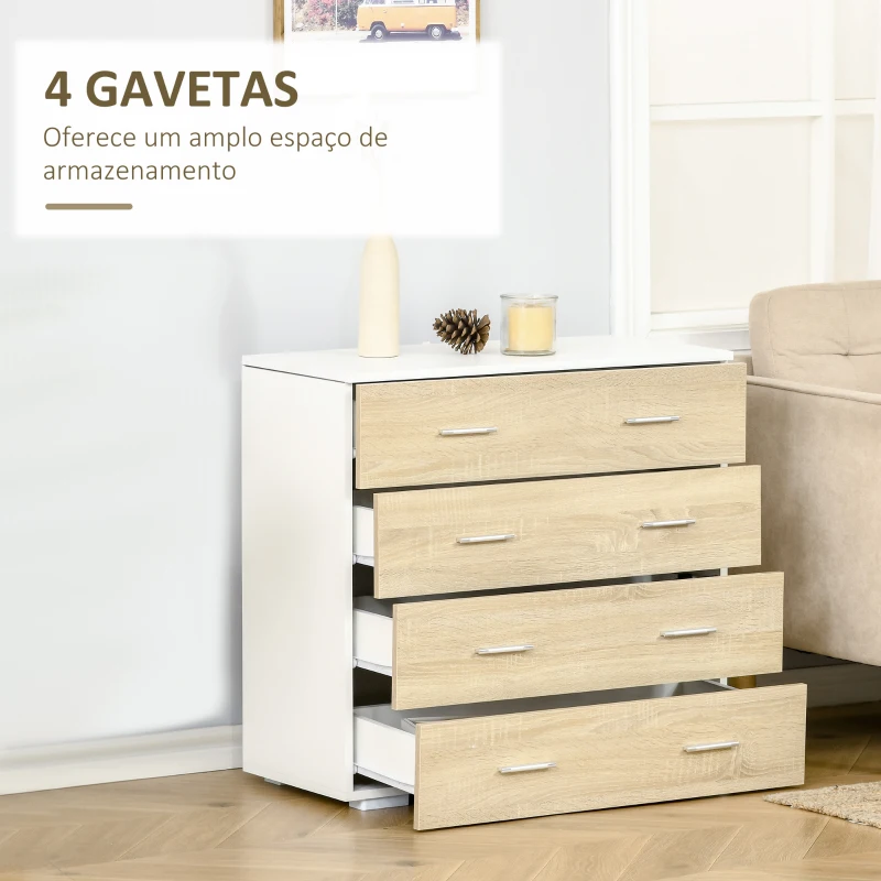 HOMCOM Cómoda com 4 Gavetas Cómoda Auxiliar de Armazenamento Moderna para Dormitório Corredor Sala de Estar 76x35x72cm Carvalho e Branco