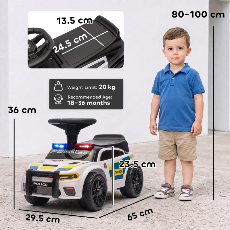 AIYAPLAY Mașinuță cu împins pentru copii, Poliție, cu muzică, lumină, protecție anti-răsturnare & spațiu de depozitare sub șa 18–36 luni Weiß
