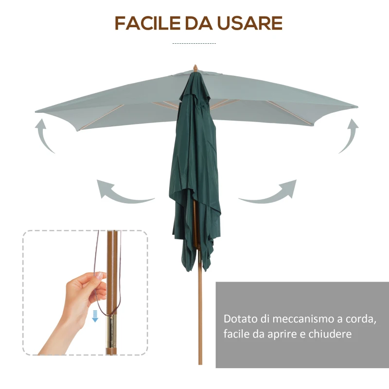 Outsunny Ombrellone 2x3 m da Giardino in Legno Laccato e Bambù con Copertura Rimovibile, Verde Scuro