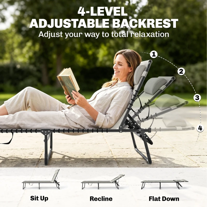 Outsunny Foldable Sun Lounger, Outdoor 4 Level Adjustable Backrest Reclining Chaise Chair, Steel Frame Recliner Chair for Camping, Hiking, Cream White