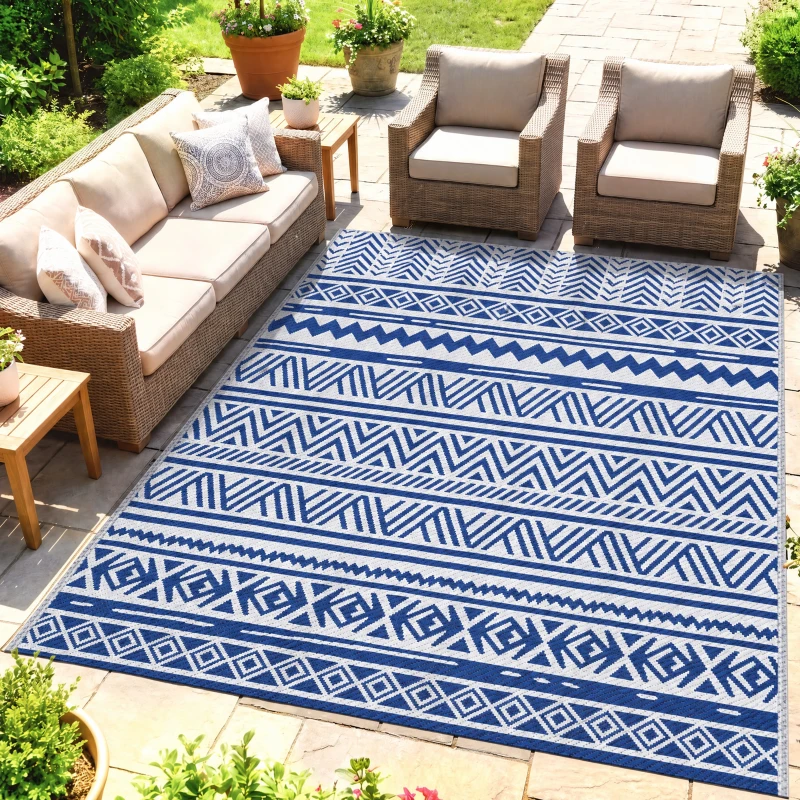 Outsunny Tapete de Exterior 182x274 cm Tapete Reversível Estilo Moderno para Varanda Pátio Campismo Praia Azul Escuro e Branco