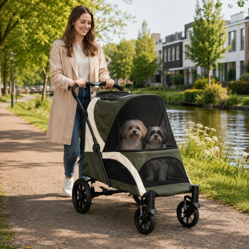 PawHut Opvouwbare Hondenbuggy voor 2 Kleine Honden tot 25 kg Donkergroen(m-11)