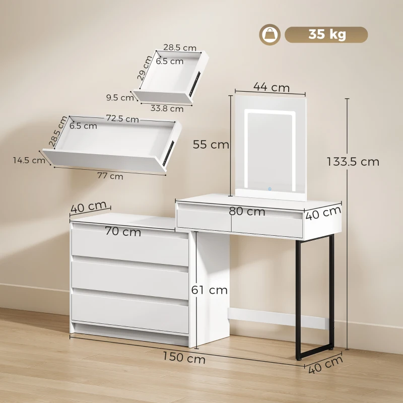 HOMCOM Vanity Makeup Desk LED Mirror Dressing Table Large Storage 5 Drawers White