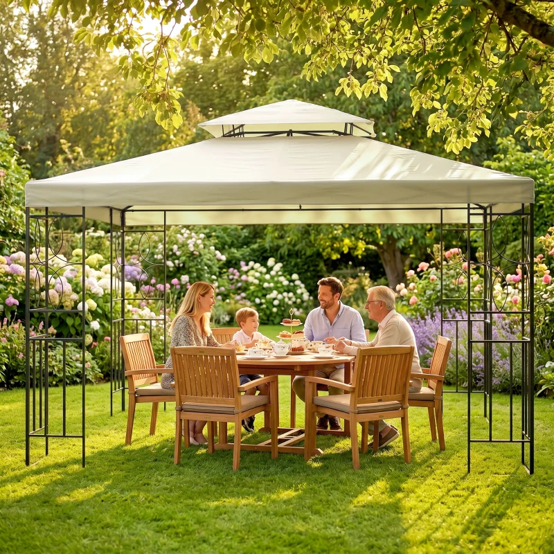 Outsunny Cenador de Jardín 3x4m Pabellón para Exterior con Doble Techo de Ventilación y 4 columnas de acero Estable para Fiestas Eventos Patio Crema