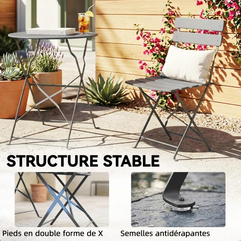 Outsunny Ensemble de Bistrot Jardin 3 Pièces Table et 2 Chaises Pliantes avec Double Protection Anti-Rouille Métal Gris