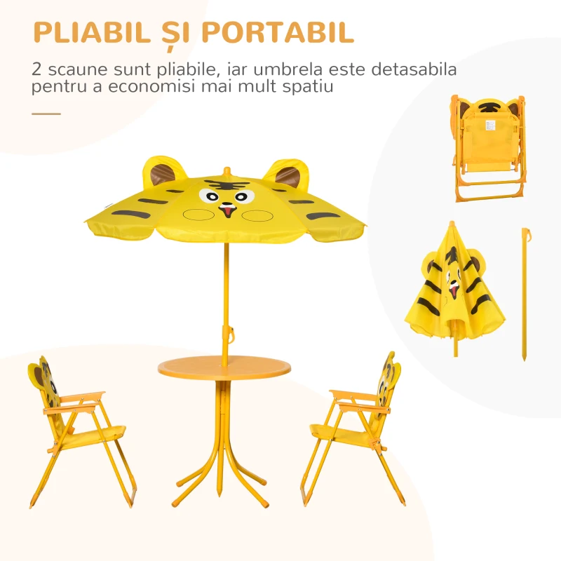Outsunny Set de Exterior pentru Copii, 4 piese cu 2 Scaune, Umbrelă și Masă Rotundă, din Oțel și Țesătură Oxford Galbenă