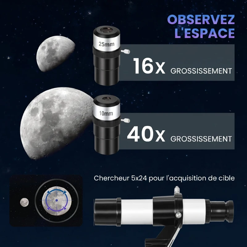 Outsunny Télescope Astronomique pour Adultes et Débutants 70 mm, 2 Oculaire 40X/16X, Trépied Réglable, 80 x 80 x 135 cm, Blanc