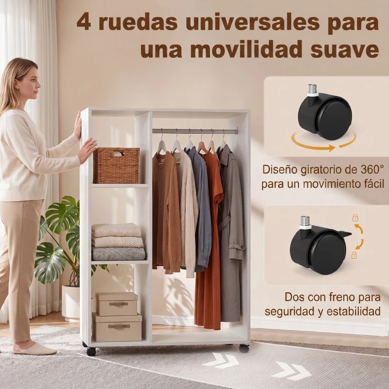 HOMCOM Armario Abierto con Ruedas Barra y Estantes para tener Ropa Colgada y Doblada 80x40x128 cm Blanco