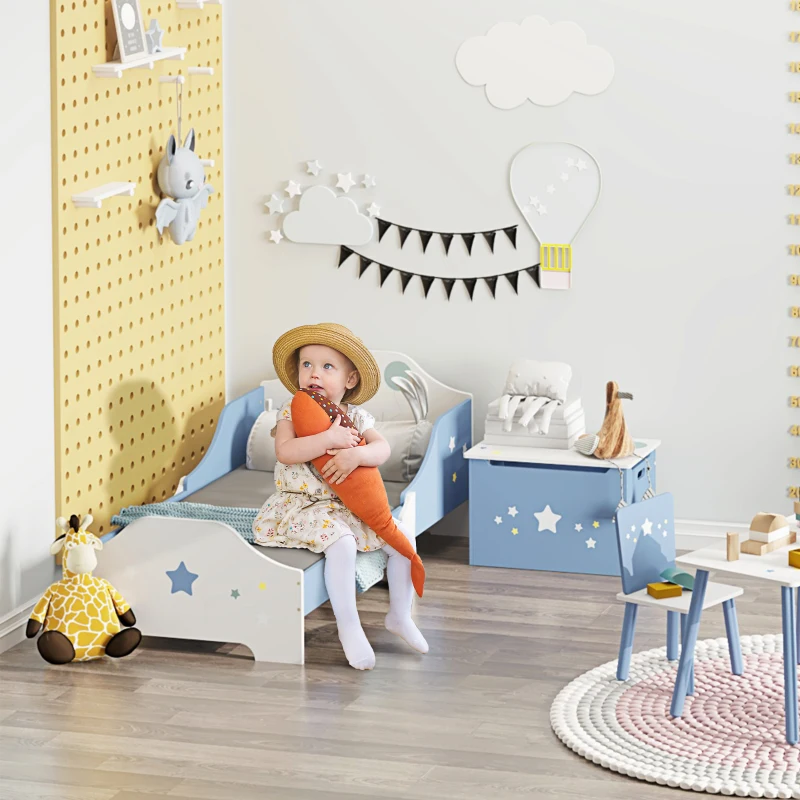 HOMCOM Cama para Niños de +3 Años 143x74x59 cm Cama Infantil de Madera con Estampado con Estrellas Carga 50 kg Azul y Blanco
