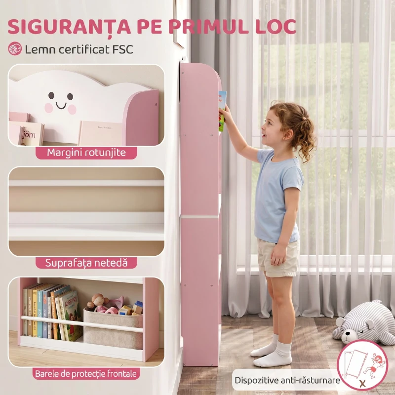 AIYAPLAY Bibliotecă Montessori Copii 3-6 Ani, Tematică Vată de Zahăr, 4 Rafturi din Lemn, Cameră Copii, Roz