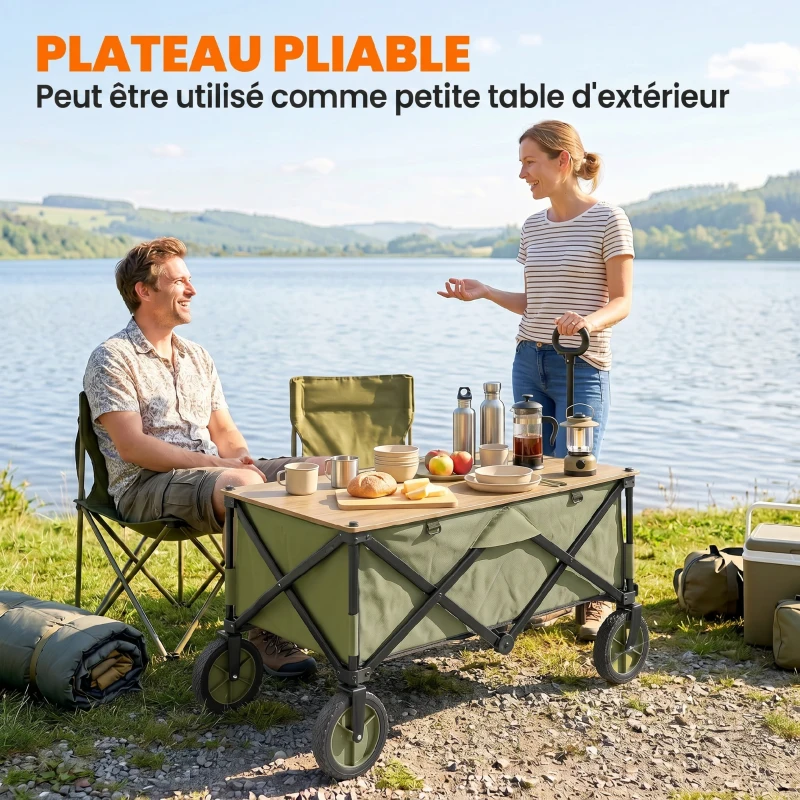 Outsunny Chariot de jardin pliable 4 roues bâche amovible poignée télescopique inclinaison réglable 5 sacs de rangement