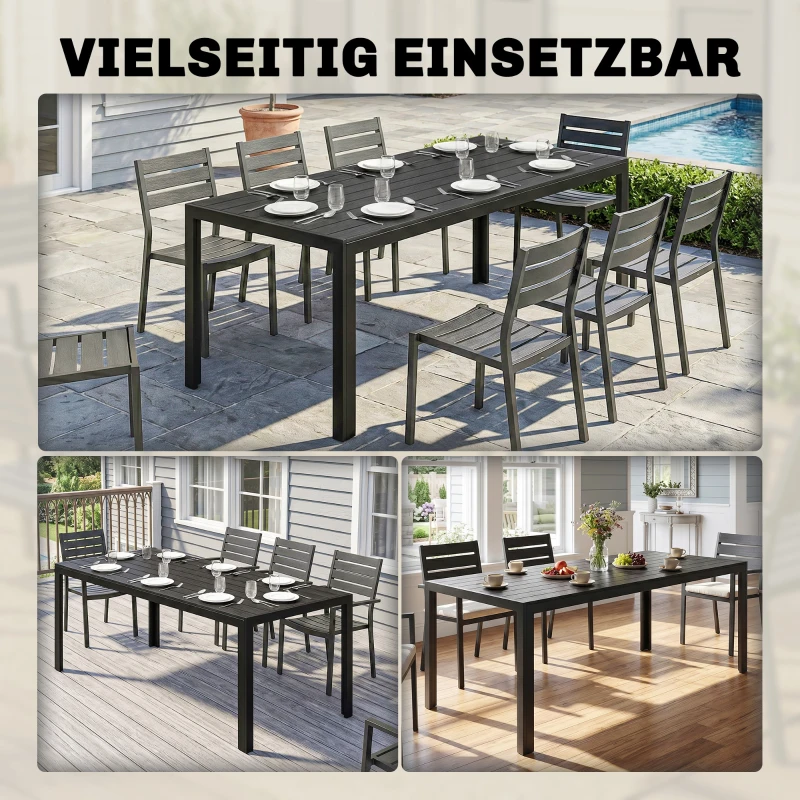 Outsunny Gartentisch Kunststoff 190 x 84,5 x 72 cm UV- & Wetterfest Balkontisch mit Holzoptik, Holzstrukur, rutschfest Buffettisch für 6 Personen Outdoor Esstisch für Garten, Balkon Schwarz