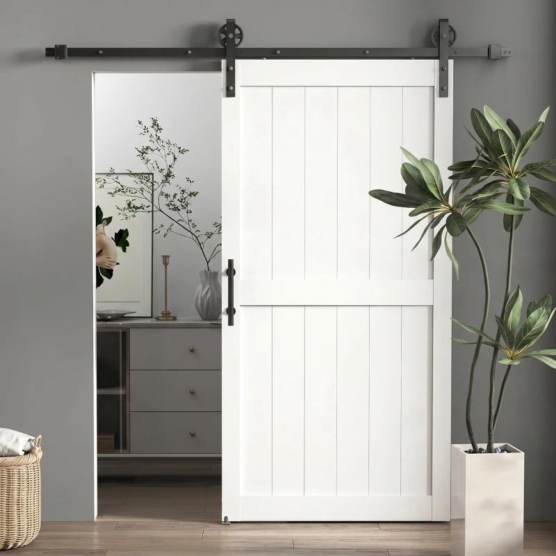HOMCOM 213.4cm Sliding Barn Door Kit, Sliding Door with Track, Hardware, Upgraded Rollers and Floor Guide, Handle, White