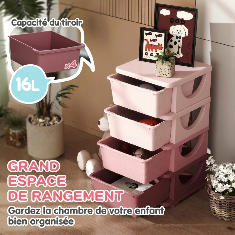 HOMCOM Organisateur de jouets pour enfants avec 4 tiroirs à 4 niveaux, boîtes de rangement en plastique, 37 x 37 x 76 cm, rose