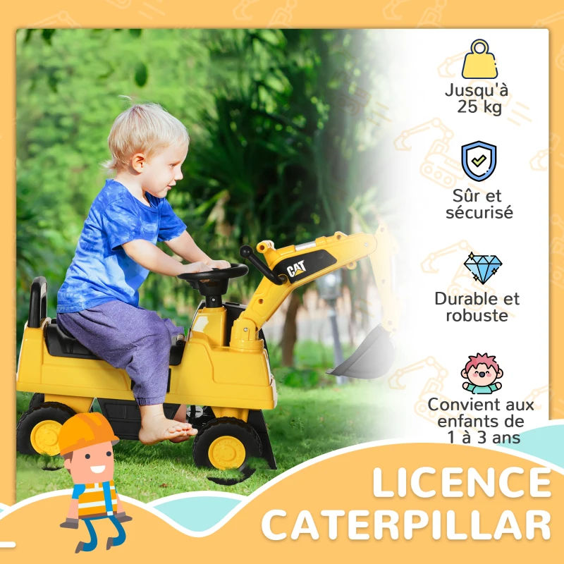 HOMCOM Tractopelle enfant sous licence CAT, porteur enfant, pelle manuelle, klaxon et rangement caché, 85x27,5x47,5cm, jaune