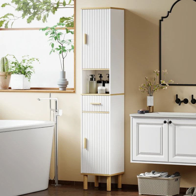 HOMCOM Columna de Baño Estrecha con Estantes Ajustables Cajón Compartimento Abierto 31,5x29,7x171,5 cm Blanco