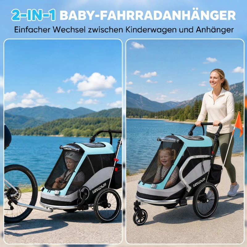 AIYAPLAY 2 in 1 Fahrradanhänger & Buggy Faltbar Kinderfahrradanhänger mit 5-Punkt Gurt Reflektoren 16-Zoll-Luftreifen Bremse