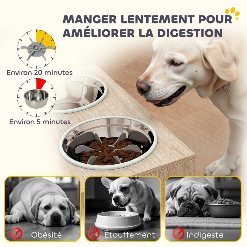 PawHut Gamelles pour chiens surélevées porte-gamelles avec rangement de 40L, 2 bols en acier inoxydable 60 x 30 x 35,5 cm chêne