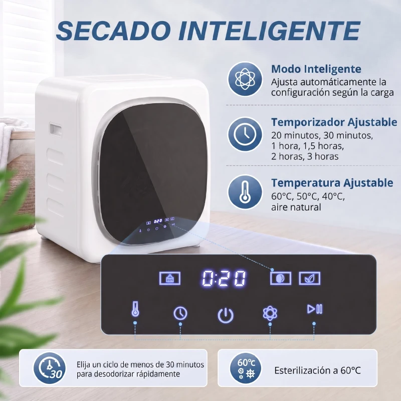 HOMCOM Secadora de Evacuación 3 kg 800W con Pantalla Táctil Control de Tiempo y Temperatura Función Antiarrugas Blanco