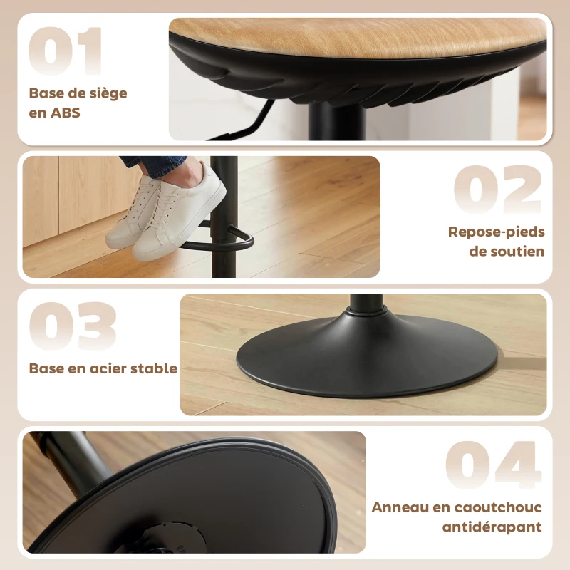 HOMCOM Lot de 2 tabourets de bar, chaises de bar réglables en hauteur avec repose-pieds, pivotant 360°, base en acier, chêne
