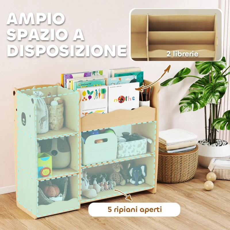 AIYAPLAY Scaffale Portagiochi per Bambini 3-8 Anni con Ripiani Aperti e Scomparti, in Legno, 92x29x79 cm, color Legno