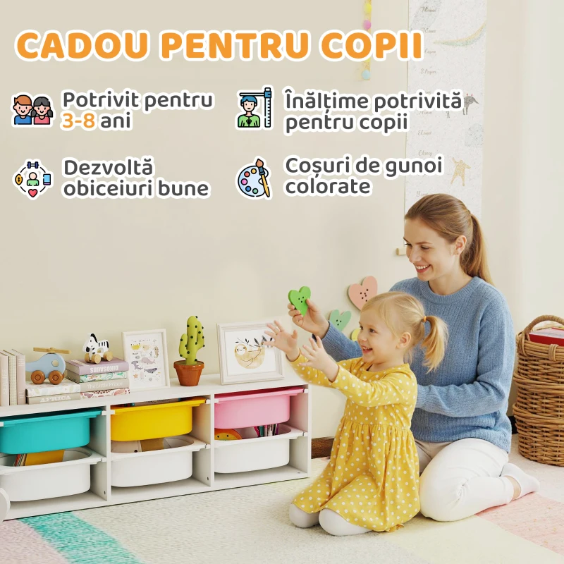AIYAPLAY Raft pentru Jucării din Lemn cu 6 Recipiente Detașabile din Plastic, Multicolor