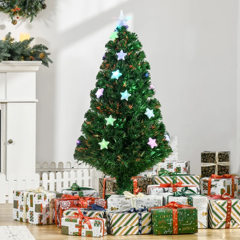 HOMCOM Albero di Natale artificiale 120cm a fibra ottica e 16 luci LED a forma di stella