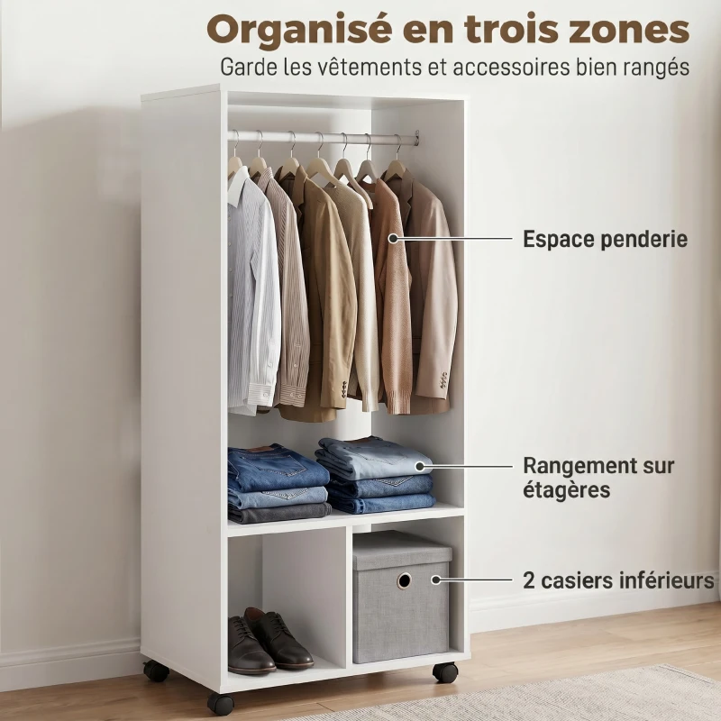 HOMCOM Armoire penderie étagère 2 niches 4 roulettes pivotantes dim. 60L x 40l x 128H cm Blanc