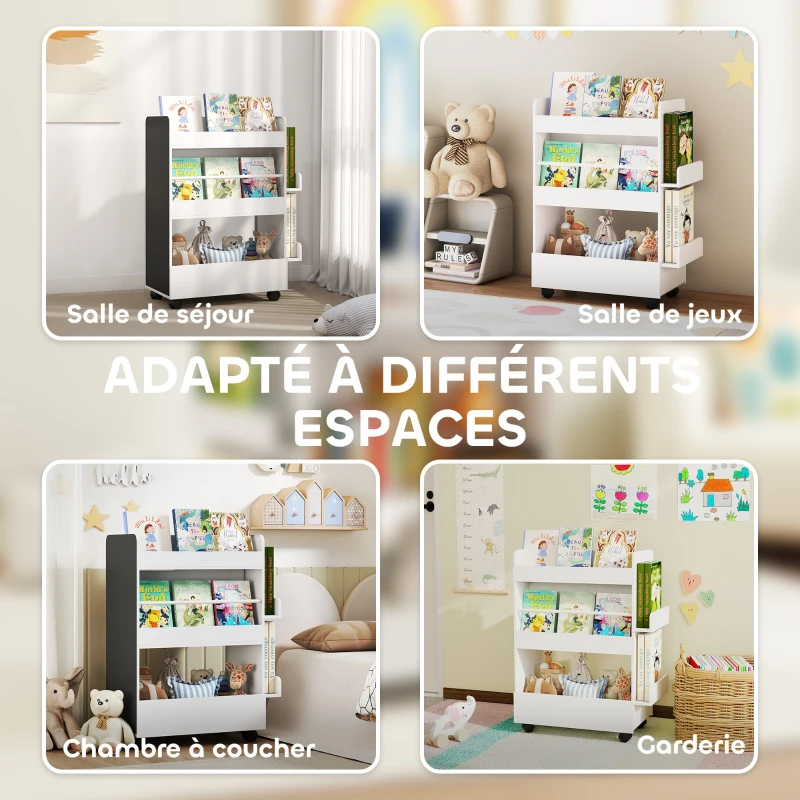 AIYAPLAY Bibliothèque pour enfant avec roulettes, rangement livre enfant de 3 à 8 ans avec tableau noir, 66,5x32,5x86,5cm, blanc