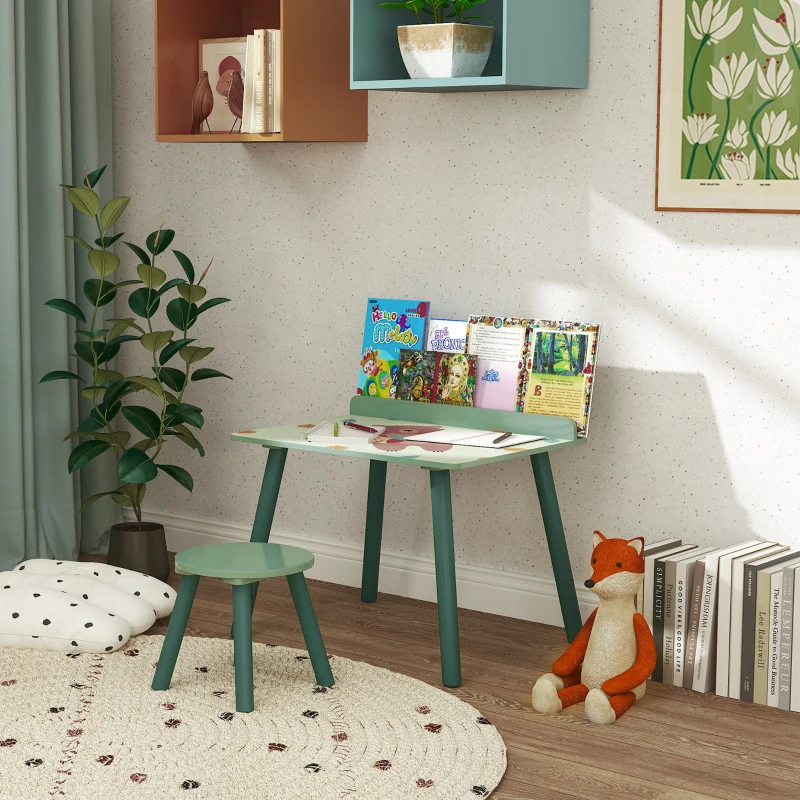 AIYAPLAY Mesa e Cadeira para Crianças com Prateleira para Livros Secretária para Crianças acima de 3 Anos Verde