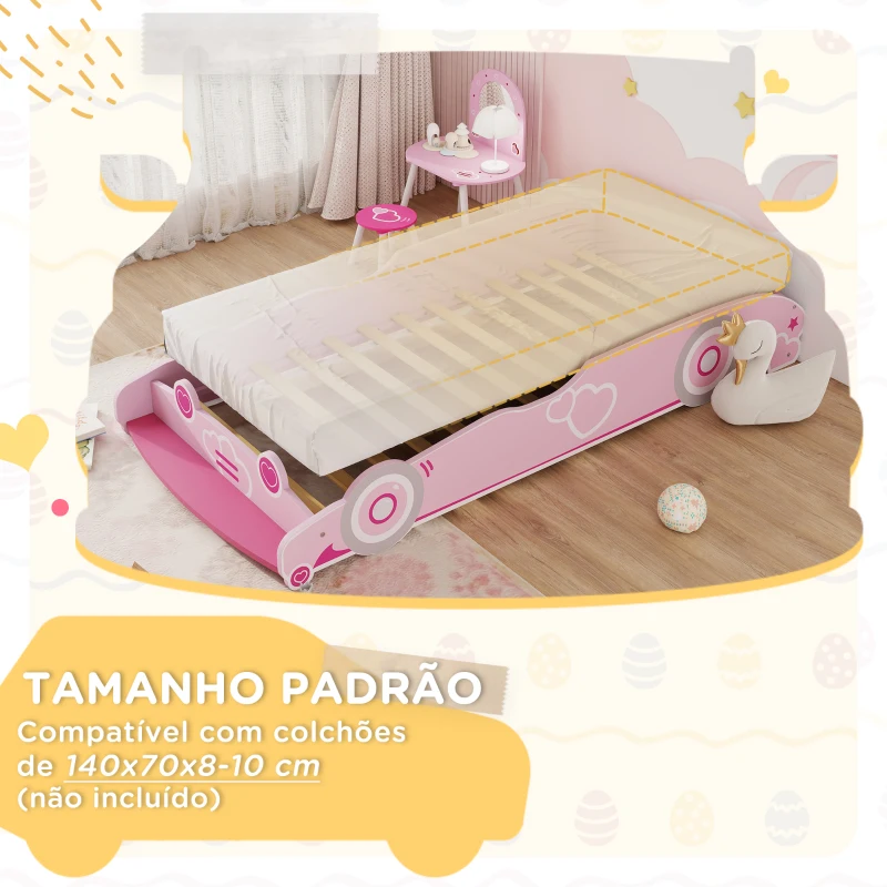 AIYAPLAY Cama Infantil 70x140 cm em Forma de Carro com Barreira de Proteção e Estrado para Crianças de 3-5 Anos Rosa