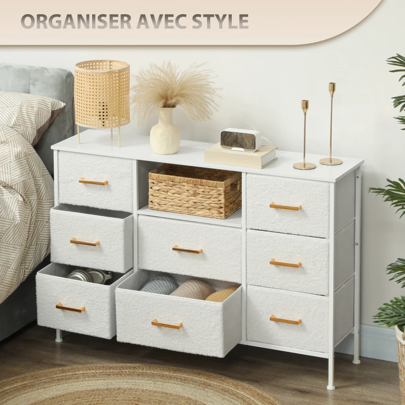 HOMCOM Commode 8 tiroirs en tissu bouclette, meuble de rangement avec 2 prises de courant, structure en acier 110x30x76cm crème
