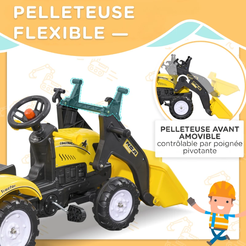HOMCOM Tracteur à pédales tractopelle avec remorque Pelle et râteau Jeu de Plein air Enfants à partir de 3 Ans Jaune Noir