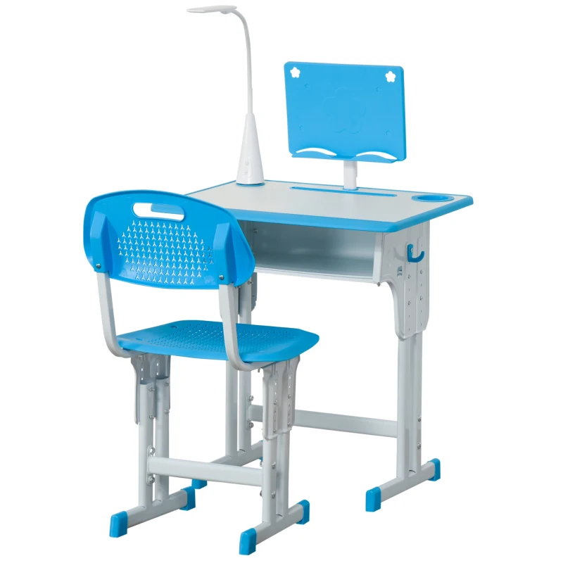 HOMCOM Kids Desk and Chair Set Adjustable Height Study Table Set with Drawer, Book Stand, Pen Slot - Blue