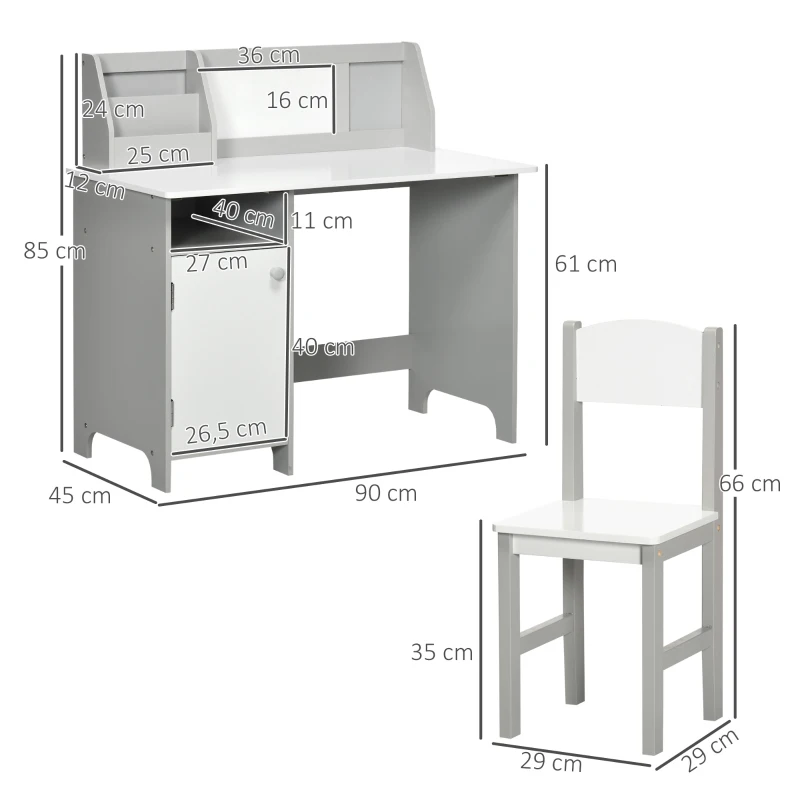 HOMCOM Set Tavolo e Sedie per Bambini 5+ Anni in Legno con Banco Scuola e Sedia Bianco e Grigio