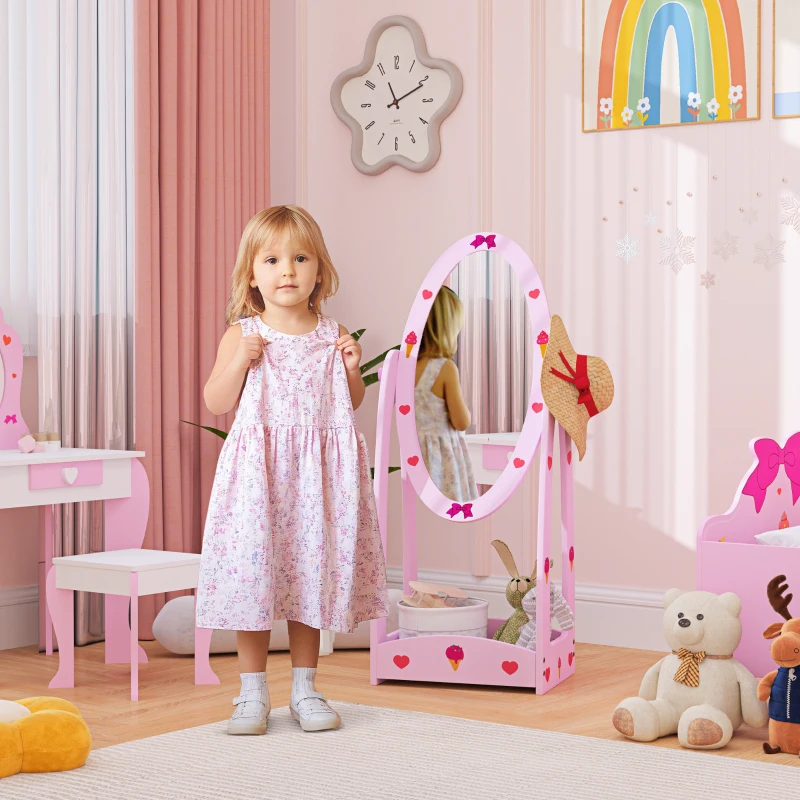 AIYAPLAY Kids Full Length Mirror, 360° Rotating Children Standing Mirror with Storage Shelf, Pink
