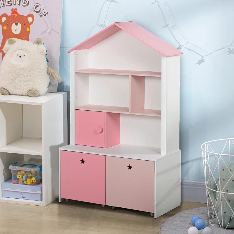 HOMCOM Estantería de Madera Infantil Librería para Niños con 4 Compartimentos 1 Puerta y 2 Cajones Extraíbles con Ruedas para Libros Juguetes 80x34x130 cm Rosa y Blanco