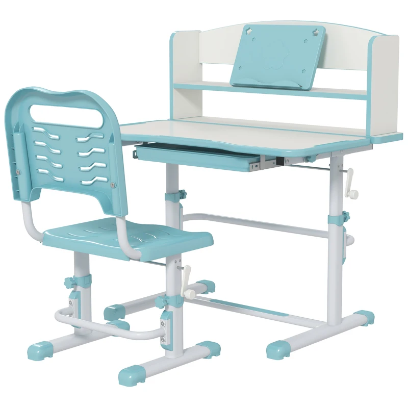 ZONEKIZ Set Scrivania per Bambini con Sedia Regolabile in Altezza e Piano Inclinabile, Età 6-12 Anni, Blu