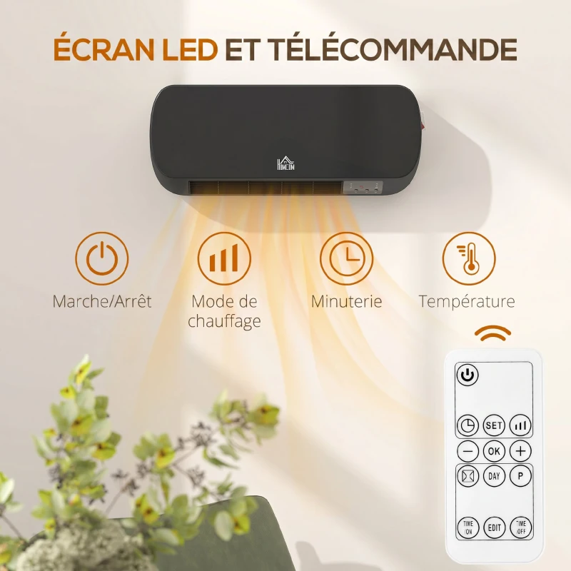 HOMCOM Radiateur Mural Soufflant 2000 W, Chauffage Céramique PTC, 3 Niveaux de Puissance, Télécommande, 45x18,6x11,5cm, Noir