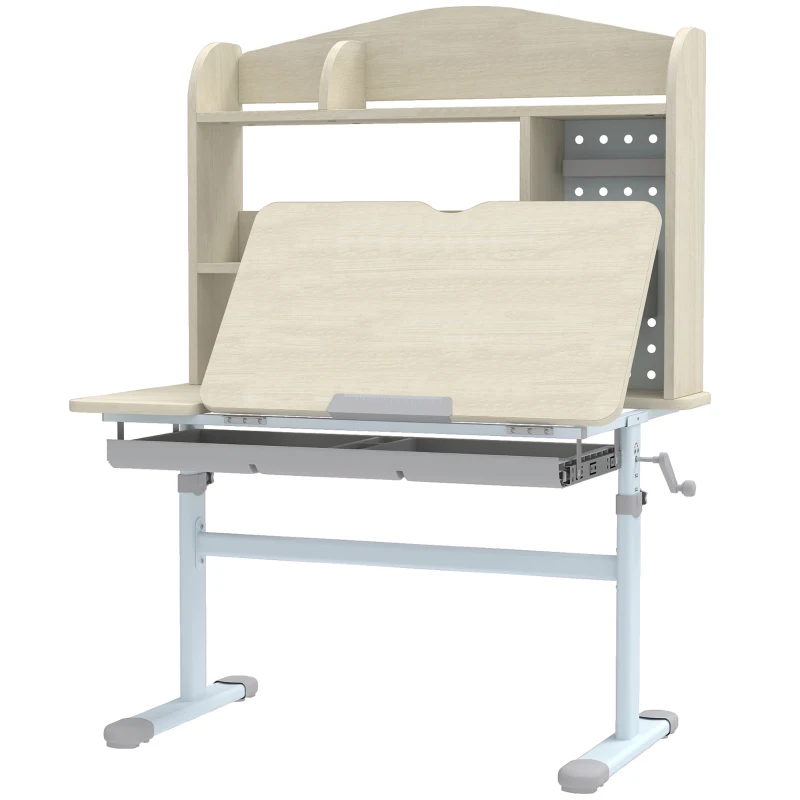 AIYAPLAY Kids Desk Height Adjustable with Tilt-Desktop, Hutch, Drawer, Storage Shelf, Pegboard, for 3-12 Years Old, Natural