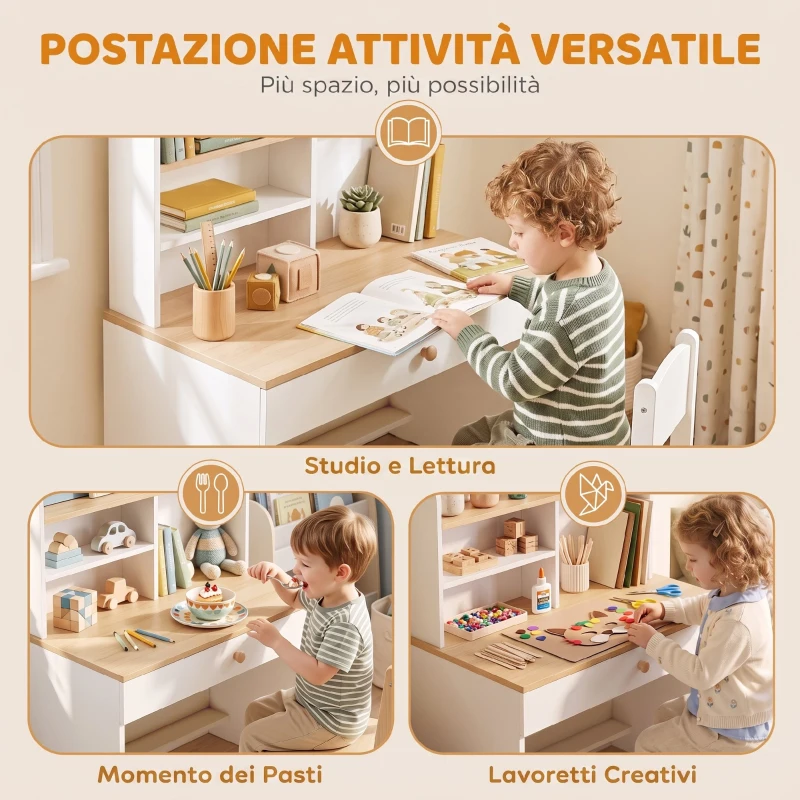 AIYAPLAY Scrivania per Bambini con Ripiani, Cassetto, Tavolo per Bambini 3-8 Anni, in Legno per Cameretta, Bianco
