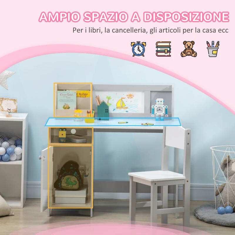 HOMCOM Set Tavolo e Sedie per Bambini 5+ Anni in Legno con Banco Scuola e Sedia Bianco e Grigio