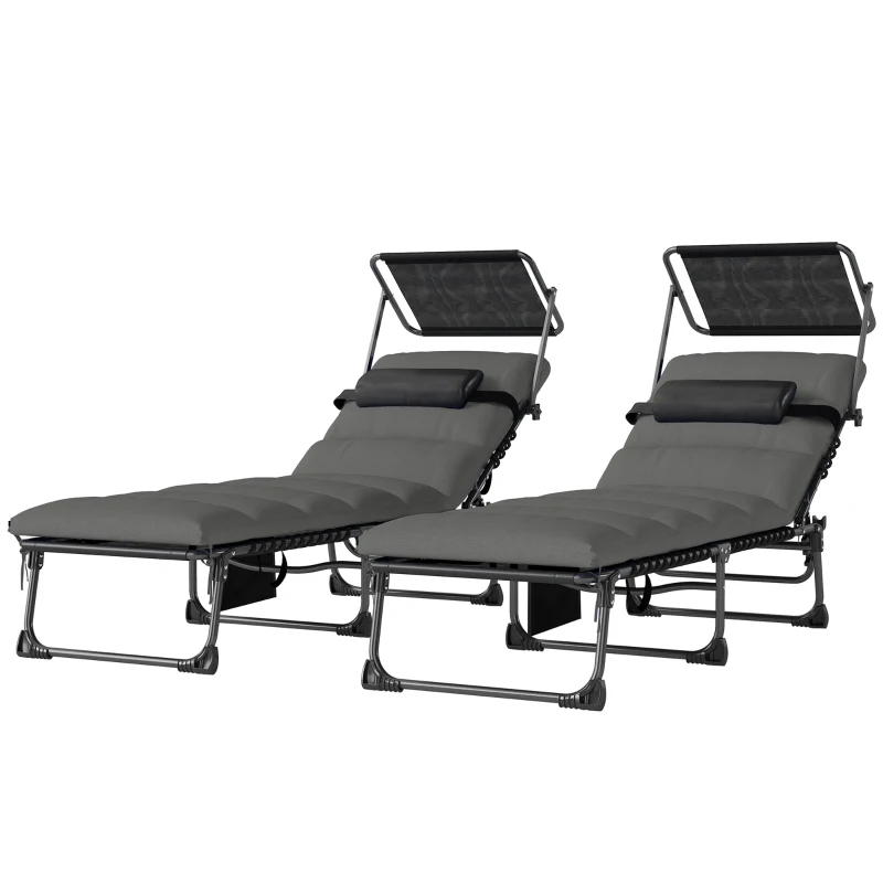 Outsunny Lot de 2 transats pliants avec pare-soleil, chaises longues inclinables avec coussin, poche latérale et poignée de transport, gris foncé