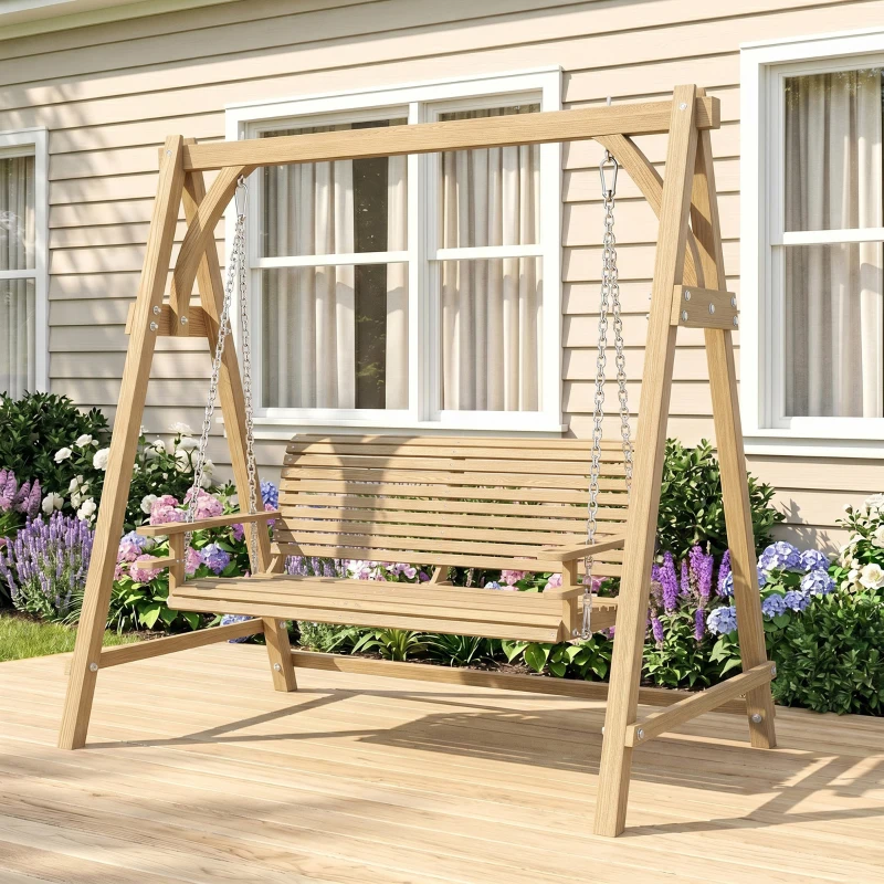 Outsunny 2 Seater Garden Swing Seat, Wooden Swing Chair Bench with Cup Holders for Outdoor Porch Patio, Natural