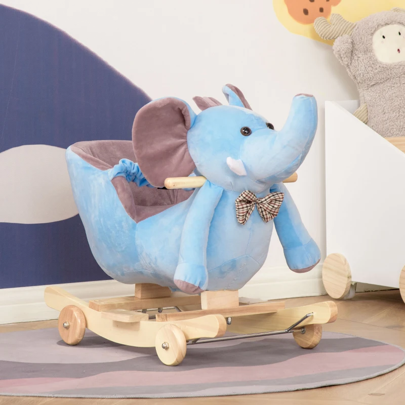 HOMCOM Caballito Balancín con Ruedas Forma de Elefante Caballo Balancín para Bebés de +18 Meses con Músicas 60x35x45 cm Azul